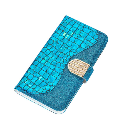 For Samsung Galaxy A02 / M02 Laser Glitter Powder Matching Crocodile Texture Horizontal Flip Leather Case with Card Slots & Holder & Wallet(Blue) by buy2fix