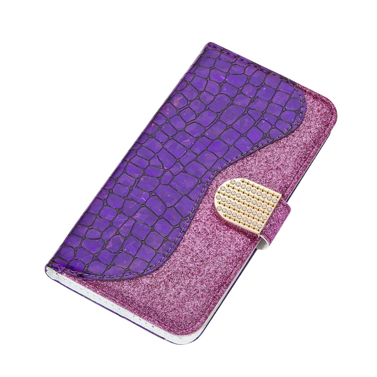 For Samsung Galaxy A12 Laser Glitter Powder Matching Crocodile Texture Horizontal Flip Leather Case with Card Slots & Holder & Wallet(Purple) by buy2fix