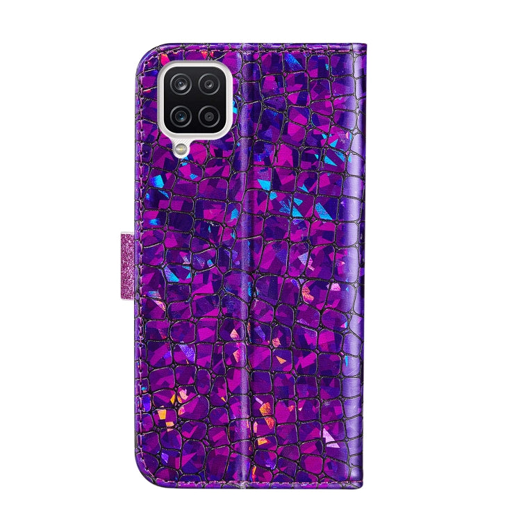 For Samsung Galaxy A12 Laser Glitter Powder Matching Crocodile Texture Horizontal Flip Leather Case with Card Slots & Holder & Wallet(Purple) by buy2fix