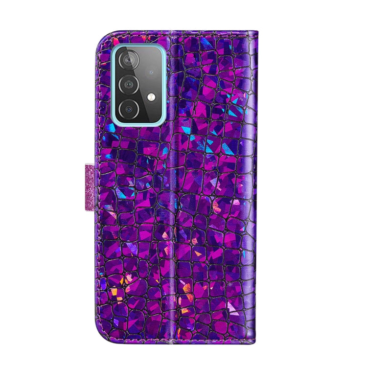 For Samsung Galaxy A52 5G / 4G Laser Glitter Powder Matching Crocodile Texture Horizontal Flip Leather Case with Card Slots & Holder & Wallet(Purple) by buy2fix