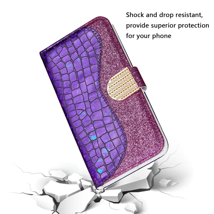 For Samsung Galaxy A52 5G / 4G Laser Glitter Powder Matching Crocodile Texture Horizontal Flip Leather Case with Card Slots & Holder & Wallet(Purple) by buy2fix