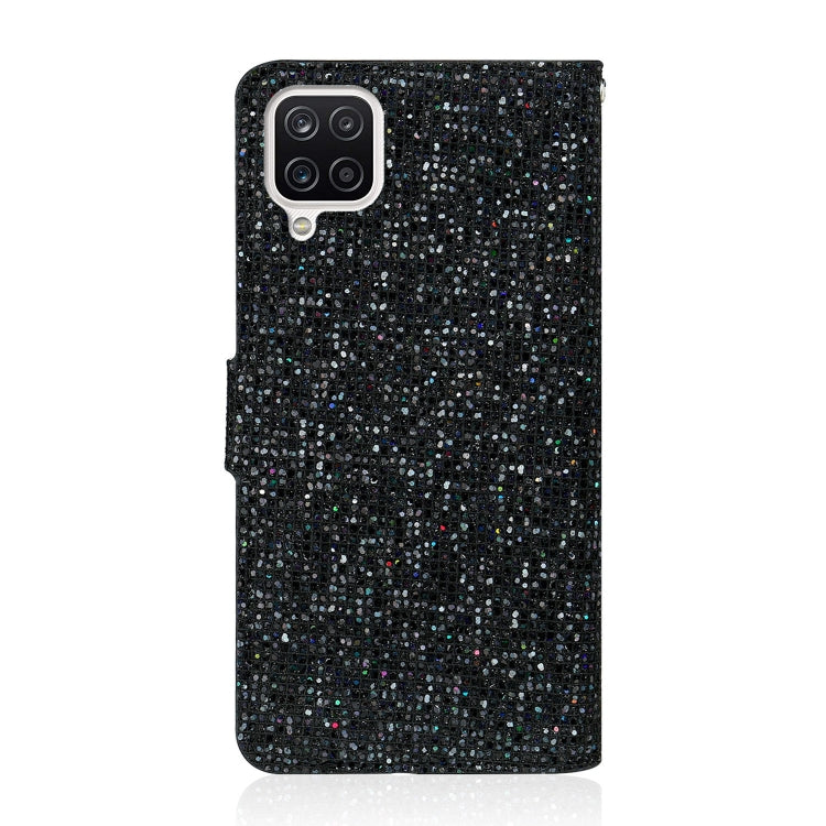 For Samsung Galaxy A12 Glitter Powder Horizontal Flip Leather Case with Card Slots & Holder & Lanyard(Black) by buy2fix