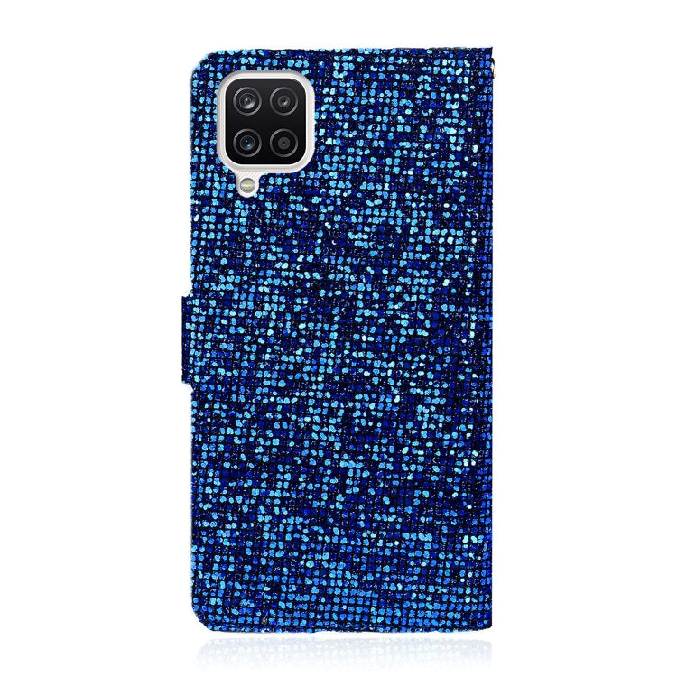 For Samsung Galaxy A12 Glitter Powder Horizontal Flip Leather Case with Card Slots & Holder & Lanyard(Blue) by buy2fix