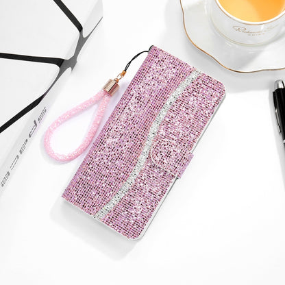 For Samsung Galaxy A12 Glitter Powder Horizontal Flip Leather Case with Card Slots & Holder & Lanyard(Pink) - Galaxy Phone Cases by buy2fix | Online Shopping UK | buy2fix