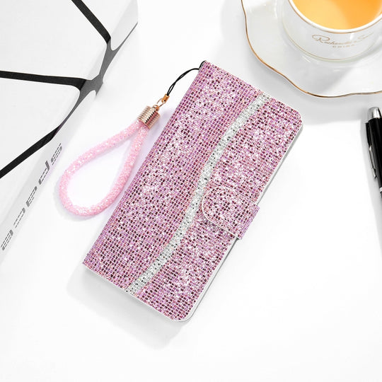 For Samsung Galaxy A12 Glitter Powder Horizontal Flip Leather Case with Card Slots & Holder & Lanyard(Pink)