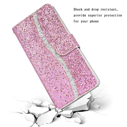 For Samsung Galaxy A12 Glitter Powder Horizontal Flip Leather Case with Card Slots & Holder & Lanyard(Pink) - Galaxy Phone Cases by buy2fix | Online Shopping UK | buy2fix