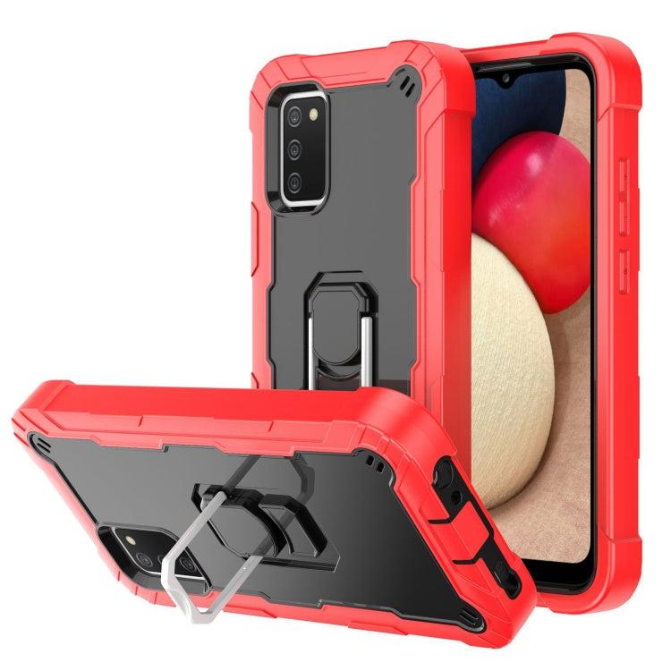 For Samsung Galaxy A02s PC + Rubber 3-layers Shockproof Protective Case with Rotating Holder(Red + Black) by buy2fix
