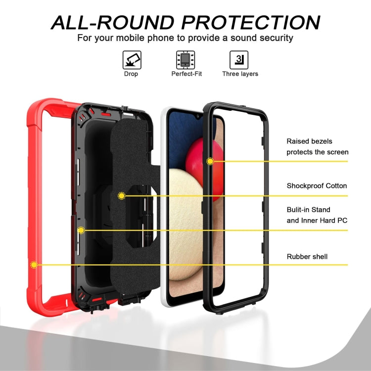 For Samsung Galaxy A02s PC + Rubber 3-layers Shockproof Protective Case with Rotating Holder(Red + Black) by buy2fix