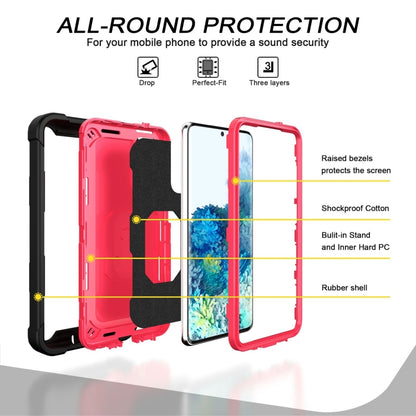 For Samsung Galaxy S20 FE / FE 5G PC + Rubber 3-layers Shockproof Protective Case with Rotating Holder(Black + Rose Red) by buy2fix