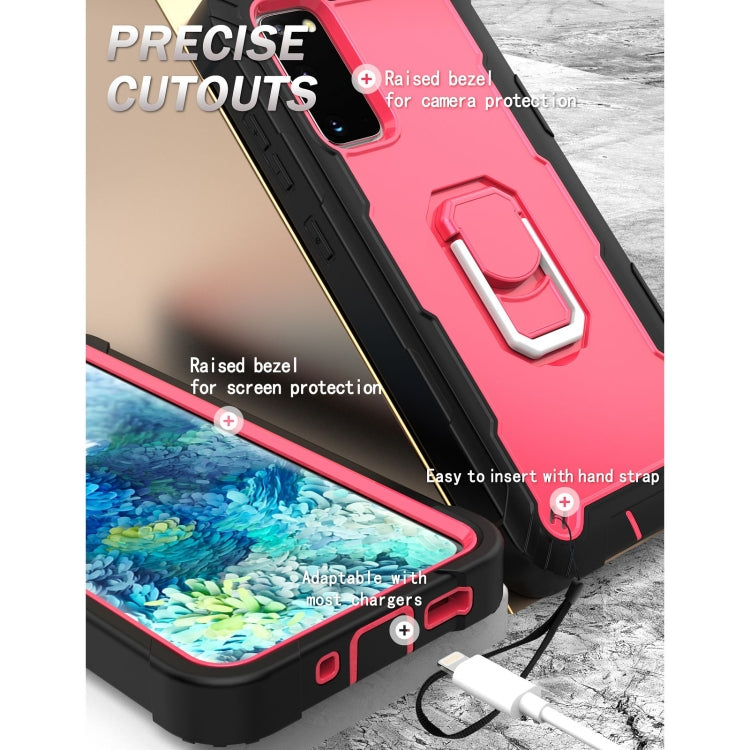 For Samsung Galaxy S20 FE / FE 5G PC + Rubber 3-layers Shockproof Protective Case with Rotating Holder(Black + Rose Red) by buy2fix