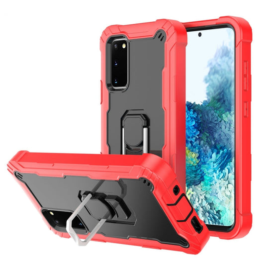 For Samsung Galaxy S20 FE / FE 5G PC + Rubber 3-layers Shockproof Protective Case with Rotating Holder(Red + Black) by buy2fix