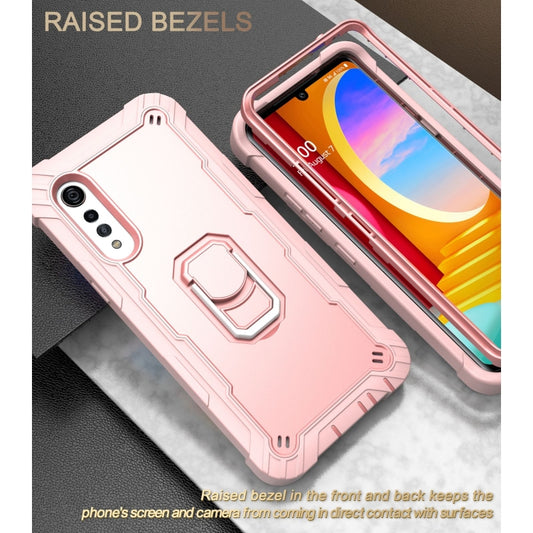 For LG Velvet PC + Rubber 3-layers Shockproof Protective Case with Rotating Holder(Rose Gold) - LG Cases by buy2fix | Online Shopping UK | buy2fix