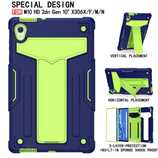 For Lenovo Tab M10 HD 2nd Gen TB-X306X T-shaped Bracket Contrast Color Shockproof PC + Silicone Flat Protective Case(Navy Blue + Yellow Green) - Lenovo by buy2fix | Online Shopping UK | buy2fix