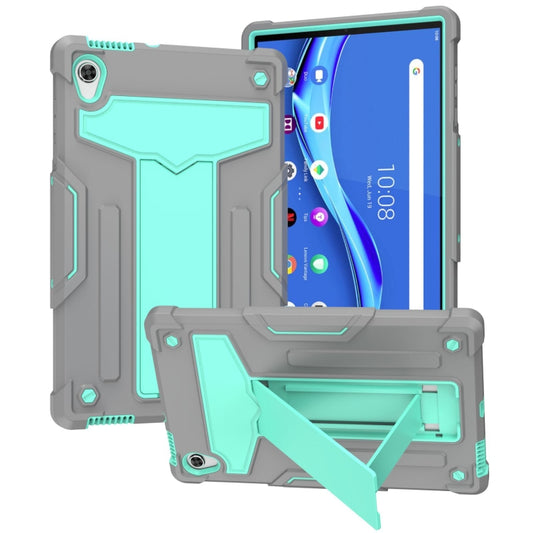 For Lenovo Tab M10 HD 2nd Gen TB-X306X T-shaped Bracket Contrast Color Shockproof PC + Silicone Flat Protective Case(Grey + Mint Green) - Lenovo by buy2fix | Online Shopping UK | buy2fix