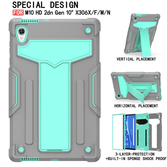 For Lenovo Tab M10 HD 2nd Gen TB-X306X T-shaped Bracket Contrast Color Shockproof PC + Silicone Flat Protective Case(Grey + Mint Green) - Lenovo by buy2fix | Online Shopping UK | buy2fix