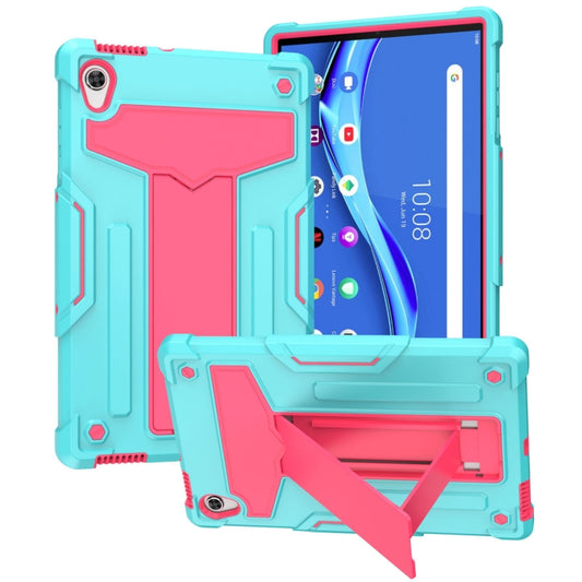 For Lenovo Tab M10 HD 2nd Gen TB-X306X T-shaped Bracket Contrast Color Shockproof PC + Silicone Flat Protective Case(Mint Green + Rose Red) - Lenovo by buy2fix | Online Shopping UK | buy2fix