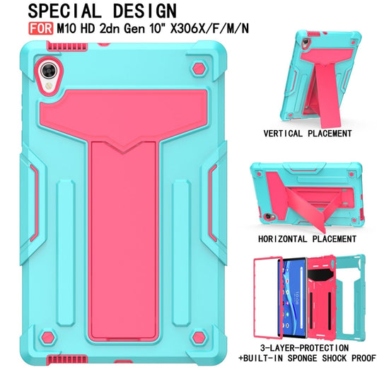 For Lenovo Tab M10 HD 2nd Gen TB-X306X T-shaped Bracket Contrast Color Shockproof PC + Silicone Flat Protective Case(Mint Green + Rose Red) - Lenovo by buy2fix | Online Shopping UK | buy2fix