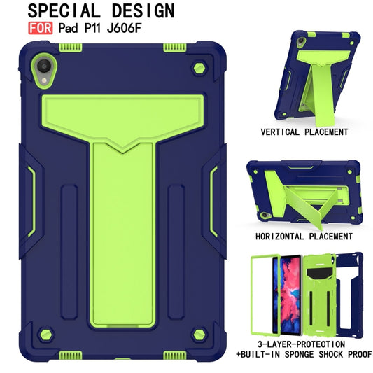 For Lenovo Tab P11 (Tab-J606F) T-shaped Bracket Contrast Color Shockproof PC + Silicone Flat Protective Case(Navy Blue + Yellow Green) - Lenovo by buy2fix | Online Shopping UK | buy2fix