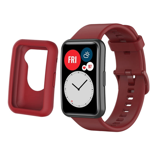 For Huawei Watch Fit Protective Silicone Case + Silicone Watch Band Kit(Wine Red) - Watch Bands by buy2fix | Online Shopping UK | buy2fix