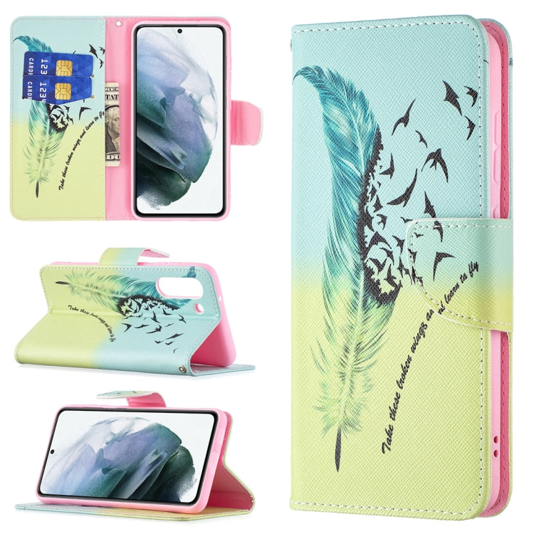For Samsung Galaxy S21 FE Colored Drawing Pattern Horizontal Flip Leather Case with Holder & Card Slots & Wallet(Feather) by buy2fix