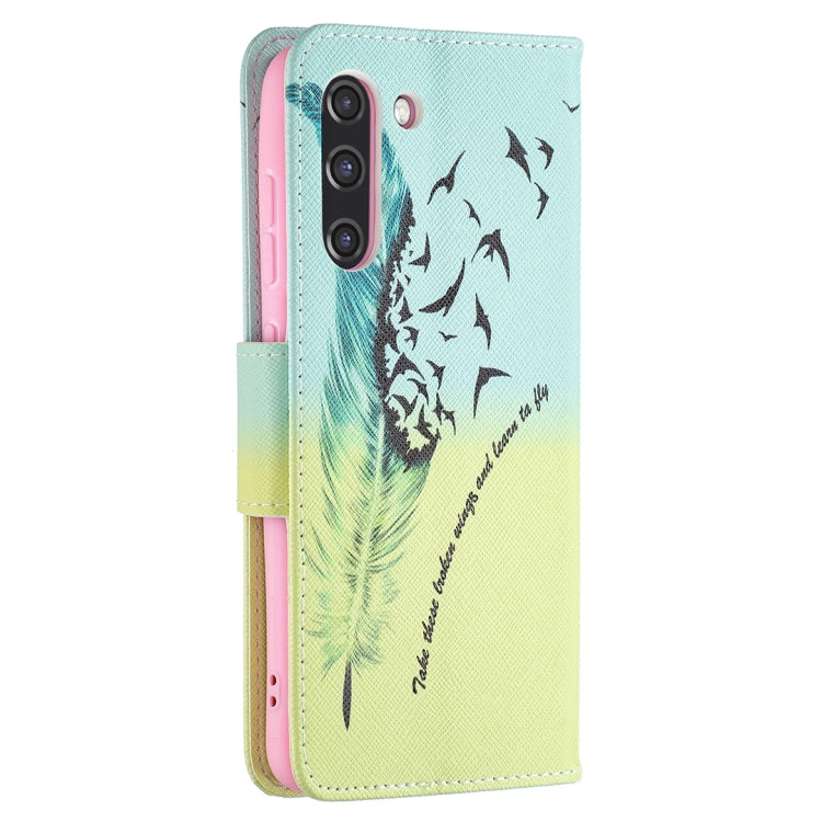 For Samsung Galaxy S21 FE Colored Drawing Pattern Horizontal Flip Leather Case with Holder & Card Slots & Wallet(Feather) by buy2fix