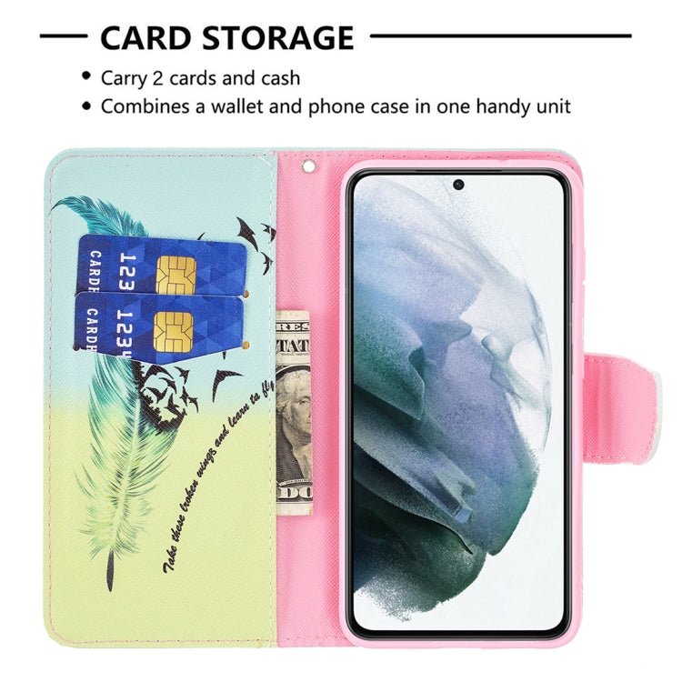 For Samsung Galaxy S21 FE Colored Drawing Pattern Horizontal Flip Leather Case with Holder & Card Slots & Wallet(Feather) by buy2fix