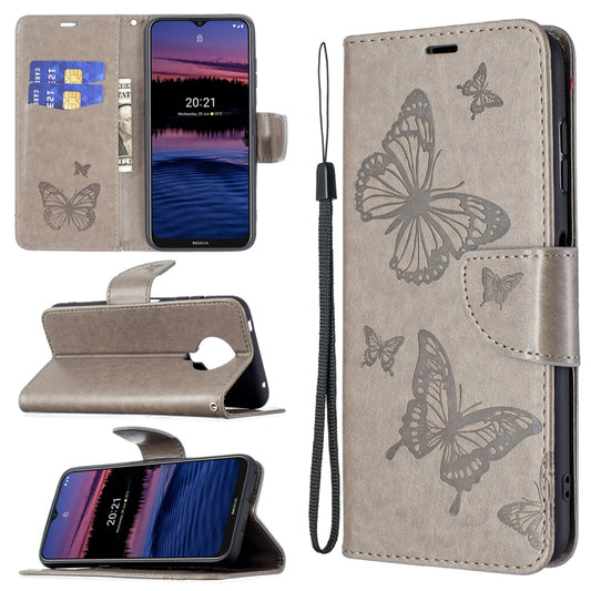 For Nokia G20 / G10 Embossing Two Butterflies Pattern Horizontal Flip PU Leather Case with Holder & Card Slot & Wallet & Lanyard(Grey) - Nokia Cases by buy2fix | Online Shopping UK | buy2fix
