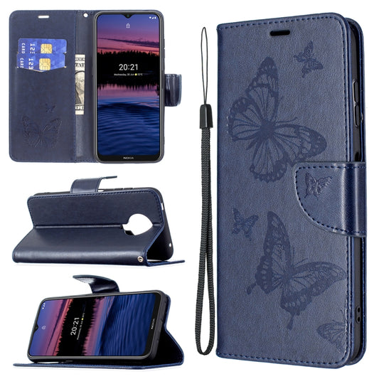 For Nokia G20 / G10 Embossing Two Butterflies Pattern Horizontal Flip PU Leather Case with Holder & Card Slot & Wallet & Lanyard(Dark Blue) - Nokia Cases by buy2fix | Online Shopping UK | buy2fix