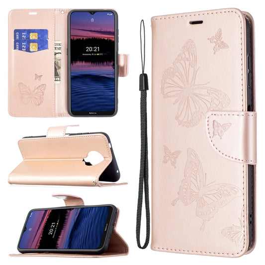 For Nokia G20 / G10 Embossing Two Butterflies Pattern Horizontal Flip PU Leather Case with Holder & Card Slot & Wallet & Lanyard(Rose Gold) - Nokia Cases by buy2fix | Online Shopping UK | buy2fix