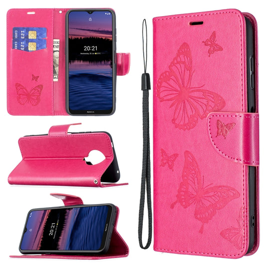 For Nokia G20 / G10 Embossing Two Butterflies Pattern Horizontal Flip PU Leather Case with Holder & Card Slot & Wallet & Lanyard(Rose Red) - Nokia Cases by buy2fix | Online Shopping UK | buy2fix