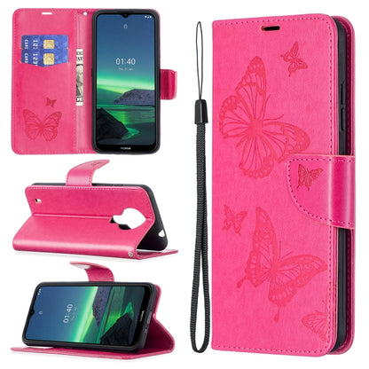 For Nokia 1.4 Embossing Two Butterflies Pattern Horizontal Flip PU Leather Case with Holder & Card Slot & Wallet & Lanyard(Rose Red) - Nokia Cases by buy2fix | Online Shopping UK | buy2fix