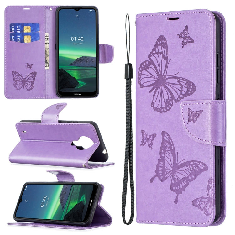 For Nokia 1.4 Embossing Two Butterflies Pattern Horizontal Flip PU Leather Case with Holder & Card Slot & Wallet & Lanyard(Purple) by buy2fix