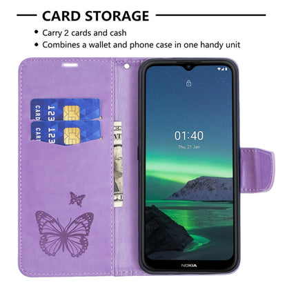 For Nokia 1.4 Embossing Two Butterflies Pattern Horizontal Flip PU Leather Case with Holder & Card Slot & Wallet & Lanyard(Purple) by buy2fix