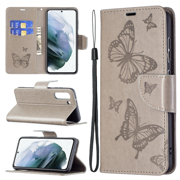 For Samsung Galaxy S21 FE Embossing Two Butterflies Pattern Horizontal Flip PU Leather Case with Holder & Card Slot & Wallet & Lanyard(Grey) by buy2fix