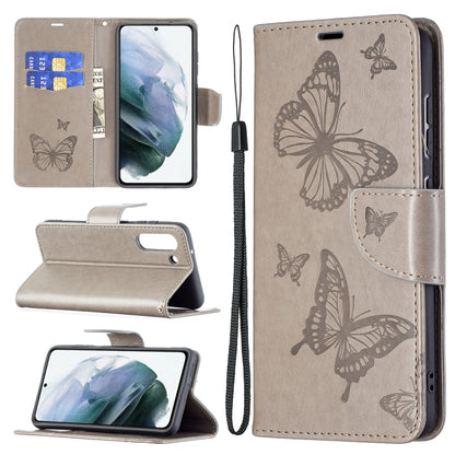 For Samsung Galaxy S21 FE Embossing Two Butterflies Pattern Horizontal Flip PU Leather Case with Holder & Card Slot & Wallet & Lanyard(Grey) by buy2fix