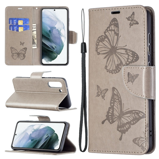 For Samsung Galaxy S21 FE Embossing Two Butterflies Pattern Horizontal Flip PU Leather Case with Holder & Card Slot & Wallet & Lanyard(Grey) by buy2fix