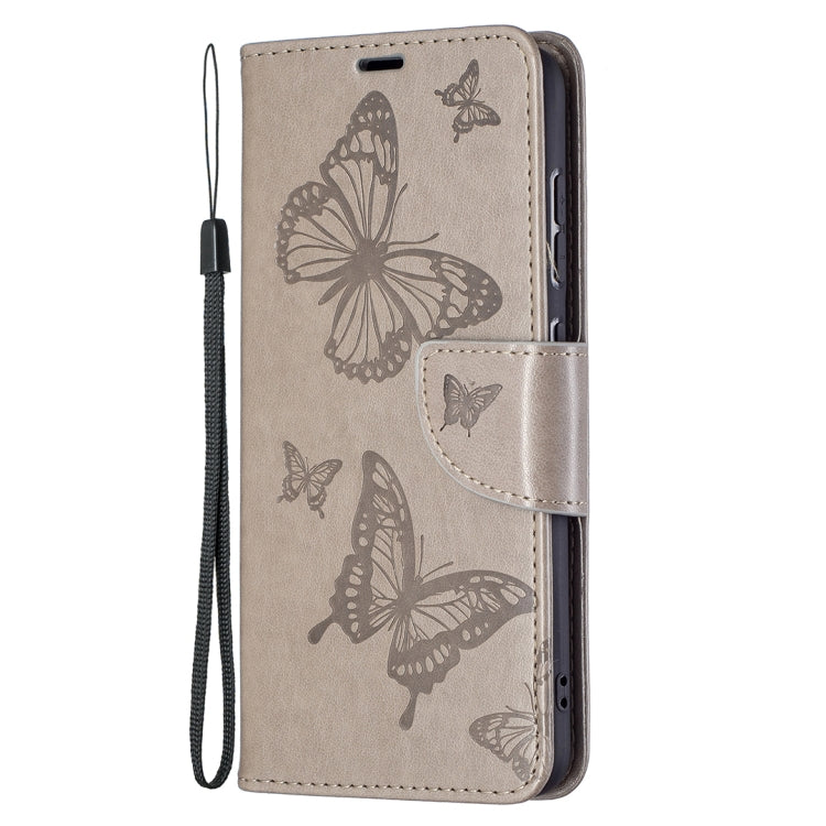 For Samsung Galaxy S21 FE Embossing Two Butterflies Pattern Horizontal Flip PU Leather Case with Holder & Card Slot & Wallet & Lanyard(Grey) by buy2fix