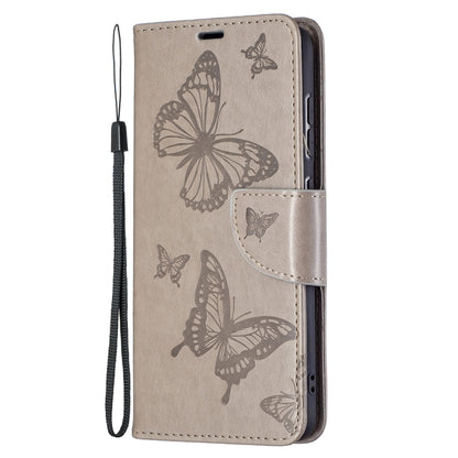 For Samsung Galaxy S21 FE Embossing Two Butterflies Pattern Horizontal Flip PU Leather Case with Holder & Card Slot & Wallet & Lanyard(Grey) by buy2fix