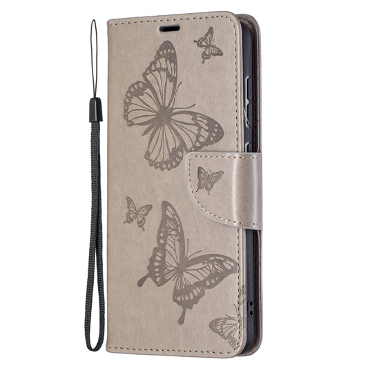 For Samsung Galaxy S21 FE Embossing Two Butterflies Pattern Horizontal Flip PU Leather Case with Holder & Card Slot & Wallet & Lanyard(Grey) by buy2fix