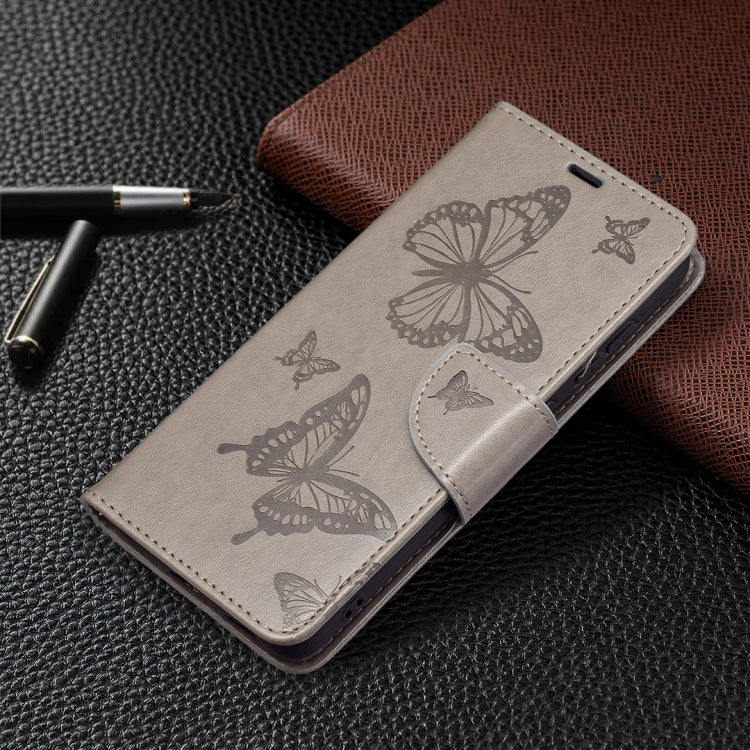 For Samsung Galaxy S21 FE Embossing Two Butterflies Pattern Horizontal Flip PU Leather Case with Holder & Card Slot & Wallet & Lanyard(Grey) by buy2fix