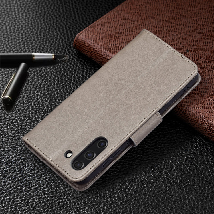 For Samsung Galaxy S21 FE Embossing Two Butterflies Pattern Horizontal Flip PU Leather Case with Holder & Card Slot & Wallet & Lanyard(Grey) by buy2fix