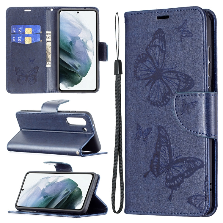 For Samsung Galaxy S21 FE Embossing Two Butterflies Pattern Horizontal Flip PU Leather Case with Holder & Card Slot & Wallet & Lanyard(Dark Blue) by buy2fix
