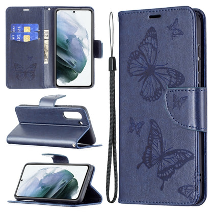 For Samsung Galaxy S21 FE Embossing Two Butterflies Pattern Horizontal Flip PU Leather Case with Holder & Card Slot & Wallet & Lanyard(Dark Blue) by buy2fix