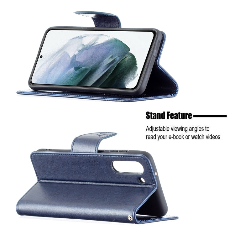 For Samsung Galaxy S21 FE Embossing Two Butterflies Pattern Horizontal Flip PU Leather Case with Holder & Card Slot & Wallet & Lanyard(Dark Blue) by buy2fix