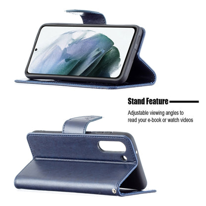 For Samsung Galaxy S21 FE Embossing Two Butterflies Pattern Horizontal Flip PU Leather Case with Holder & Card Slot & Wallet & Lanyard(Dark Blue) by buy2fix