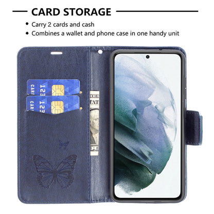 For Samsung Galaxy S21 FE Embossing Two Butterflies Pattern Horizontal Flip PU Leather Case with Holder & Card Slot & Wallet & Lanyard(Dark Blue) by buy2fix