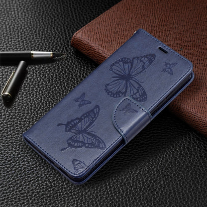 For Samsung Galaxy S21 FE Embossing Two Butterflies Pattern Horizontal Flip PU Leather Case with Holder & Card Slot & Wallet & Lanyard(Dark Blue) by buy2fix