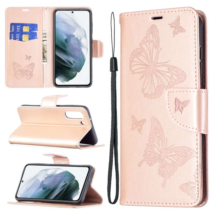 For Samsung Galaxy S21 FE Embossing Two Butterflies Pattern Horizontal Flip PU Leather Case with Holder & Card Slot & Wallet & Lanyard(Rose Gold) by buy2fix