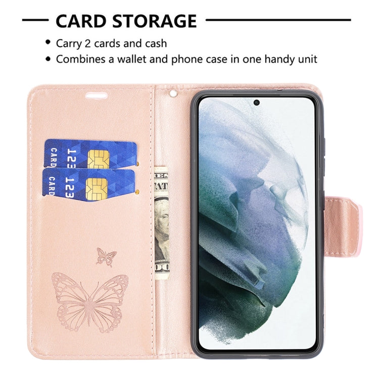 For Samsung Galaxy S21 FE Embossing Two Butterflies Pattern Horizontal Flip PU Leather Case with Holder & Card Slot & Wallet & Lanyard(Rose Gold) by buy2fix