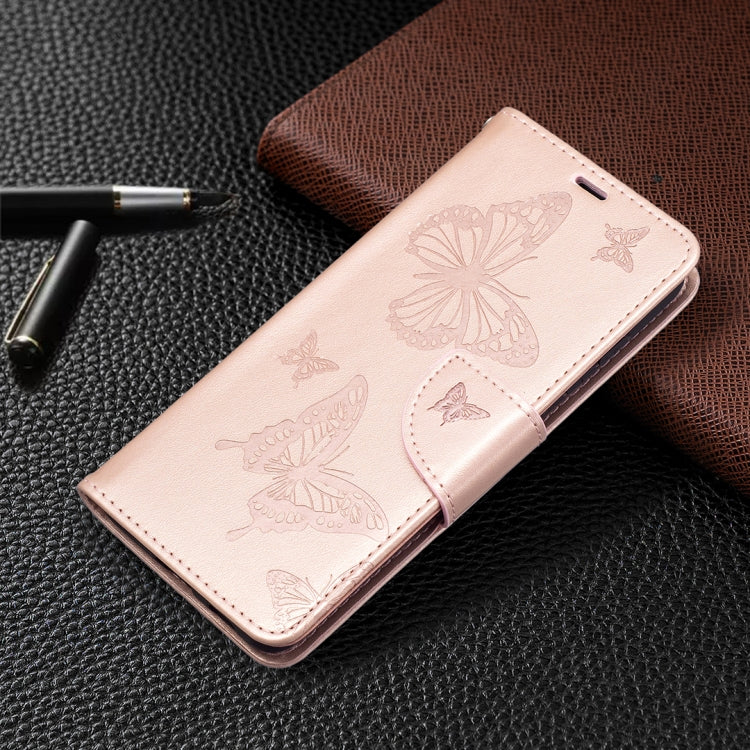 For Samsung Galaxy S21 FE Embossing Two Butterflies Pattern Horizontal Flip PU Leather Case with Holder & Card Slot & Wallet & Lanyard(Rose Gold) by buy2fix